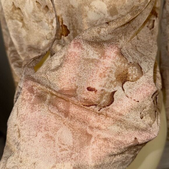 Vintage Tan Cream Sheer Nylon Blend Floral Leaf Button Down Blouse Size 12 - Picture 4 of 10